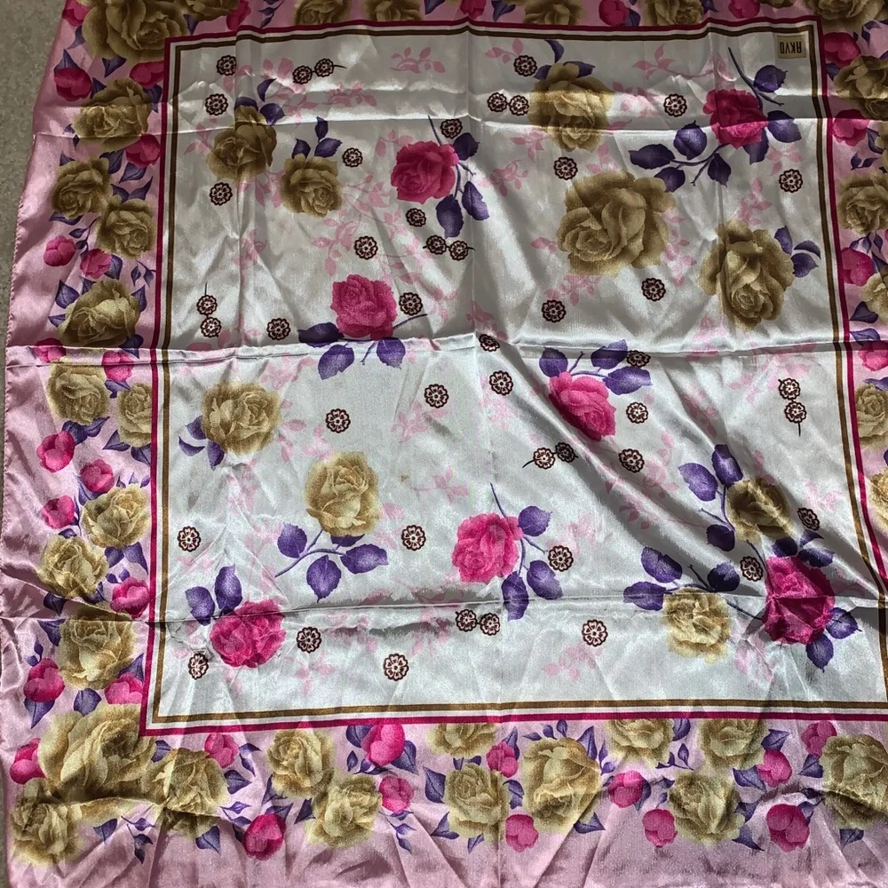 AKVO Silky Smooth Satin Floral Scarf Pink Purple White Gold Coquette Preppy